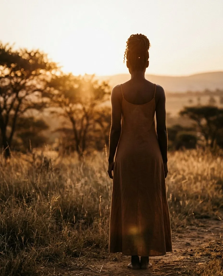 African woman silhouette under golden hour sunset - Minhwa Beauty brand story